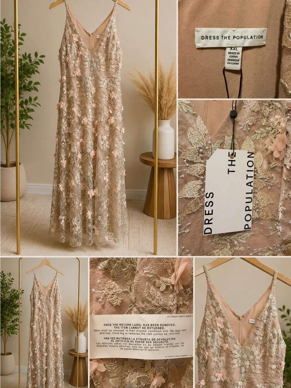 Dress the Population Blush & Gold Floral Embellished Lace Maxi Dress